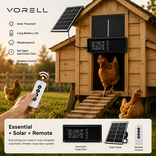 Vorell CoopGuard automatic chicken coop door, Solar + Remote kit with solar panel and remote control