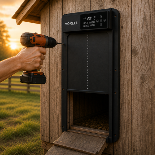 Step 1. Mount the door on the coop wall with the included hardware — under 10 minutes, no wiring.