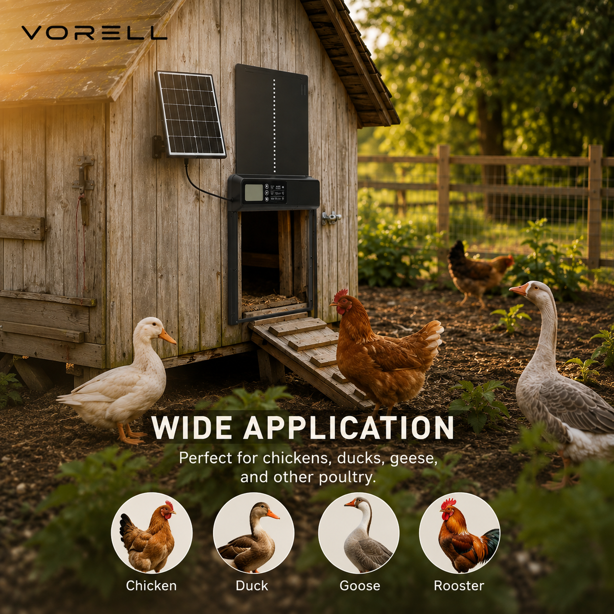 Vorell CoopGuard Solar + Remote kit suits chickens, ducks, geese and roosters