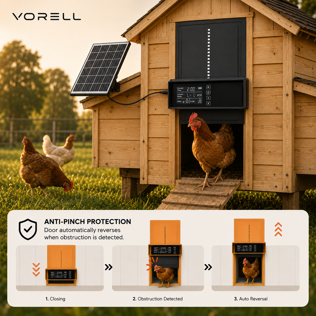 Vorell CoopGuard Solar + Remote kit anti-pinch protection reverses the door when an obstruction is detected