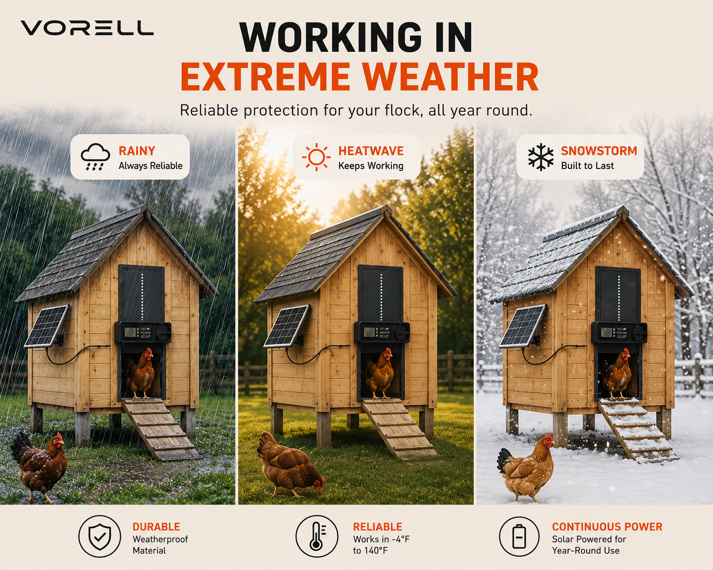Vorell CoopGuard Solar + Remote kit working in rain, heat and snow
