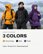 All colors | CAMEL membrane jacket in Sunny Orange, Black and Purple, US sizes S to XL