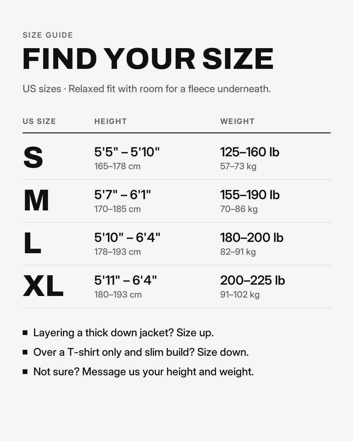 All colors | Size guide: US S, M, L, XL by height and weight