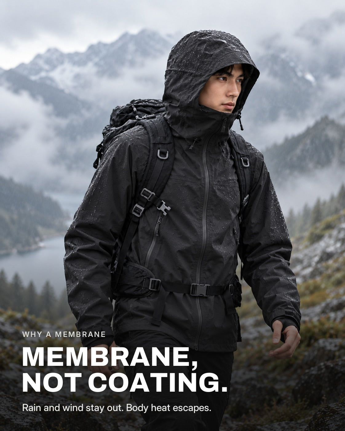Black | Membrane, not coating: rain and wind stay out, body heat escapes