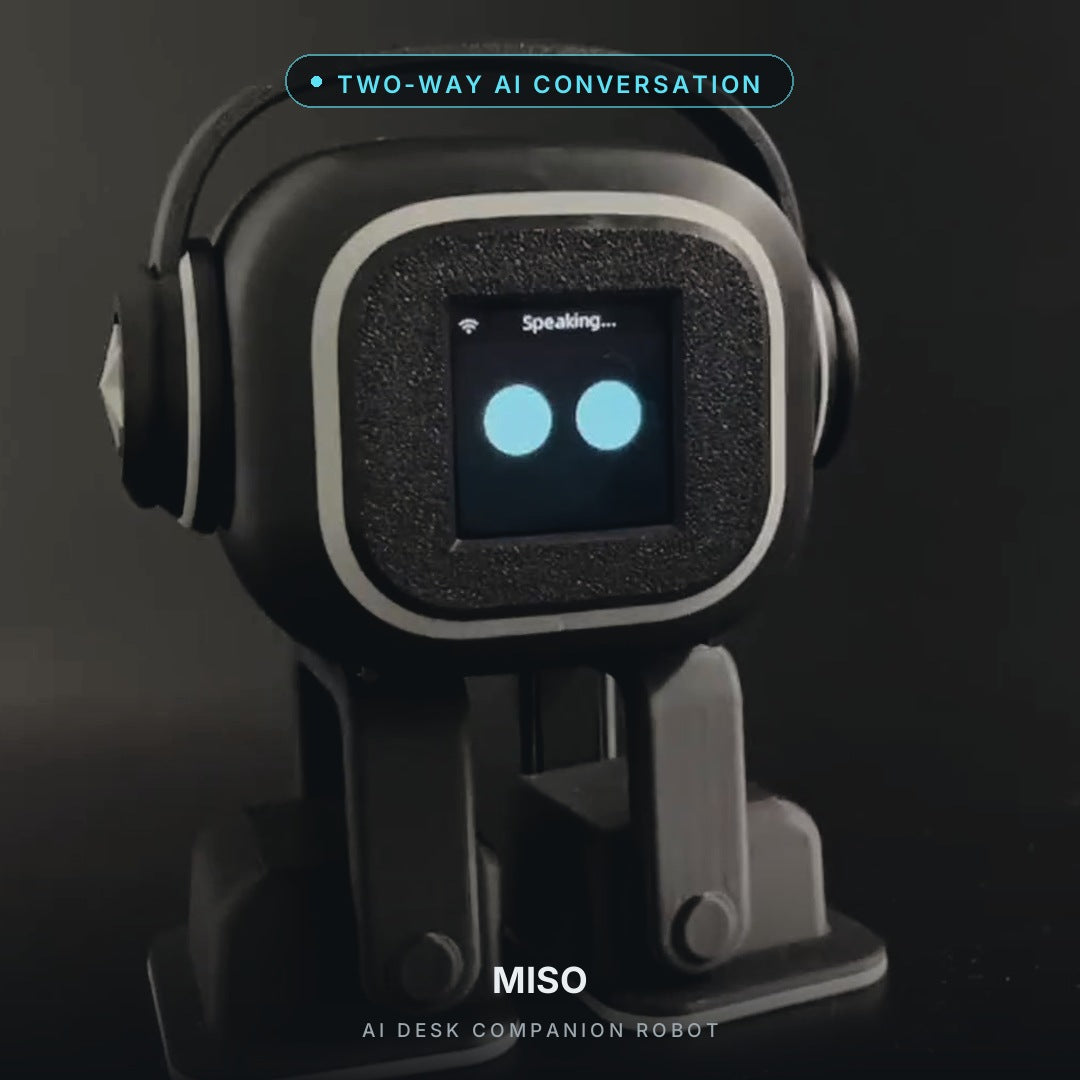 Vorell Miso AI desk companion robot in black, full body, marked two-way AI conversation