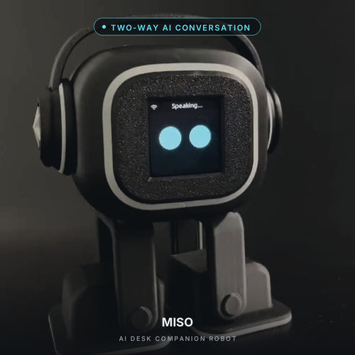 Vorell Miso AI desk companion robot in black, full body, marked two-way AI conversation
