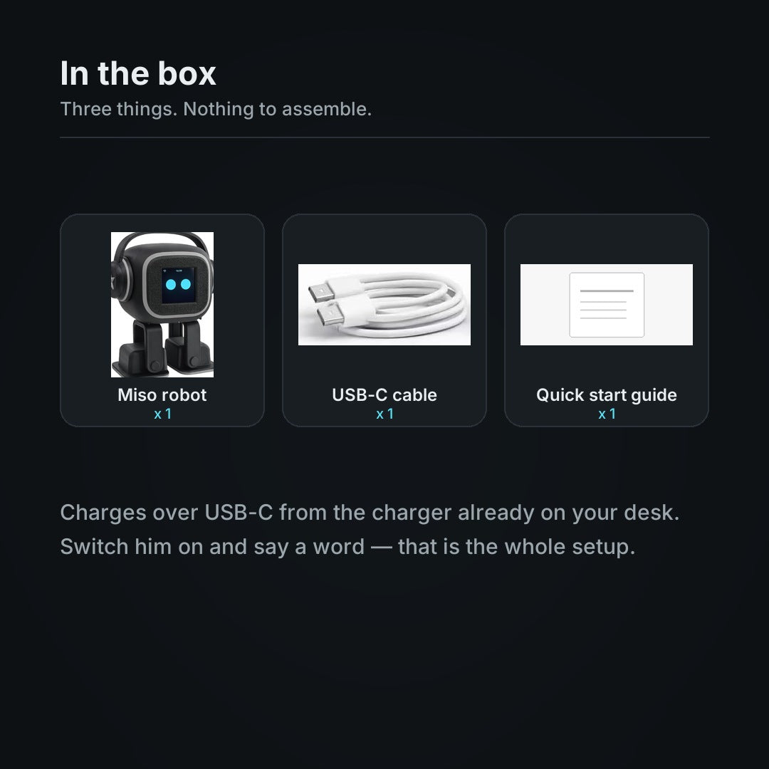 What is in the box: the Miso robot, a USB-C cable and a quick start guide