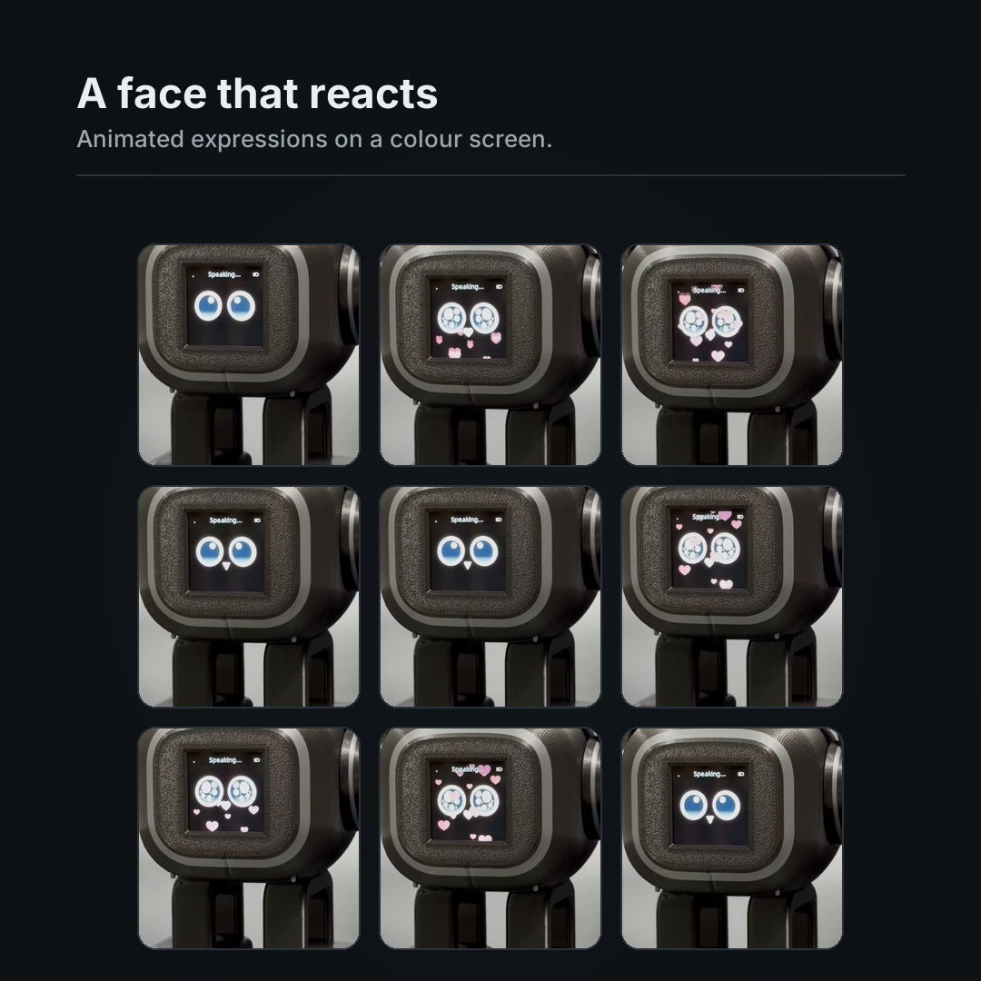 Nine animated expressions shown on the colour screen that is Miso's face