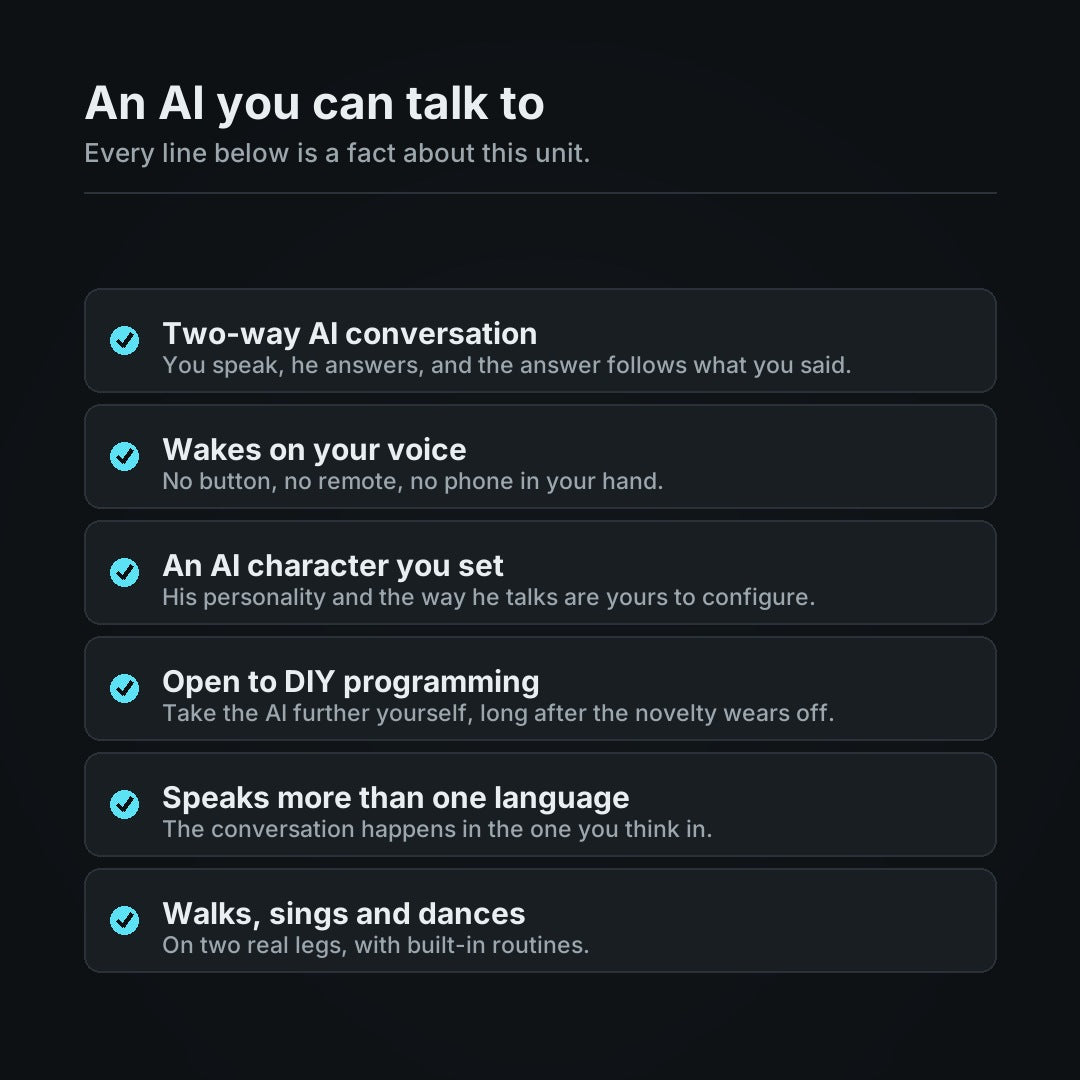An AI you can talk to: two-way AI conversation, voice wake-up, an AI character you set, DIY programming, multi-language, walks sings and dances