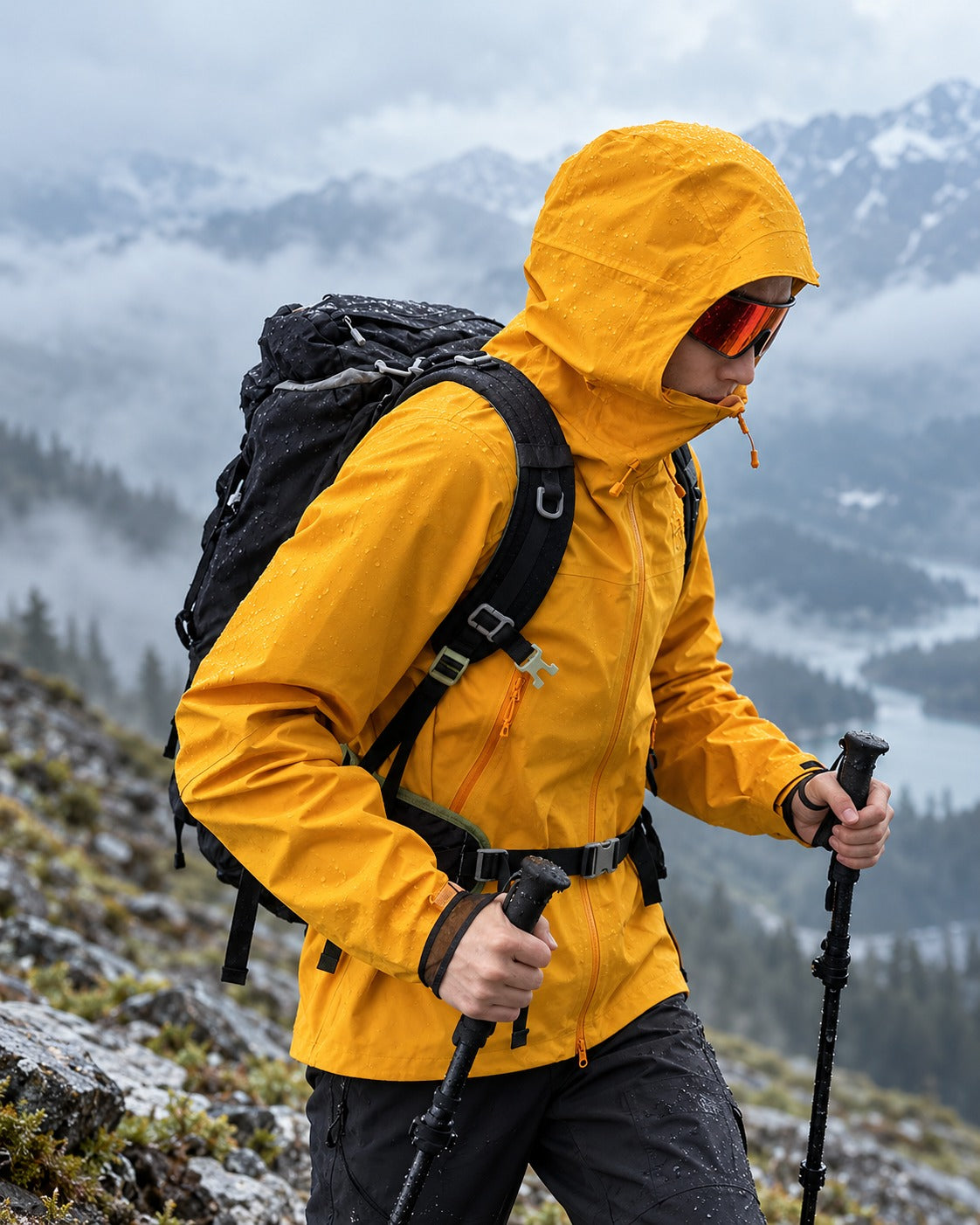 Sunny Orange | CAMEL membrane jacket on a mountain trail in the rain
