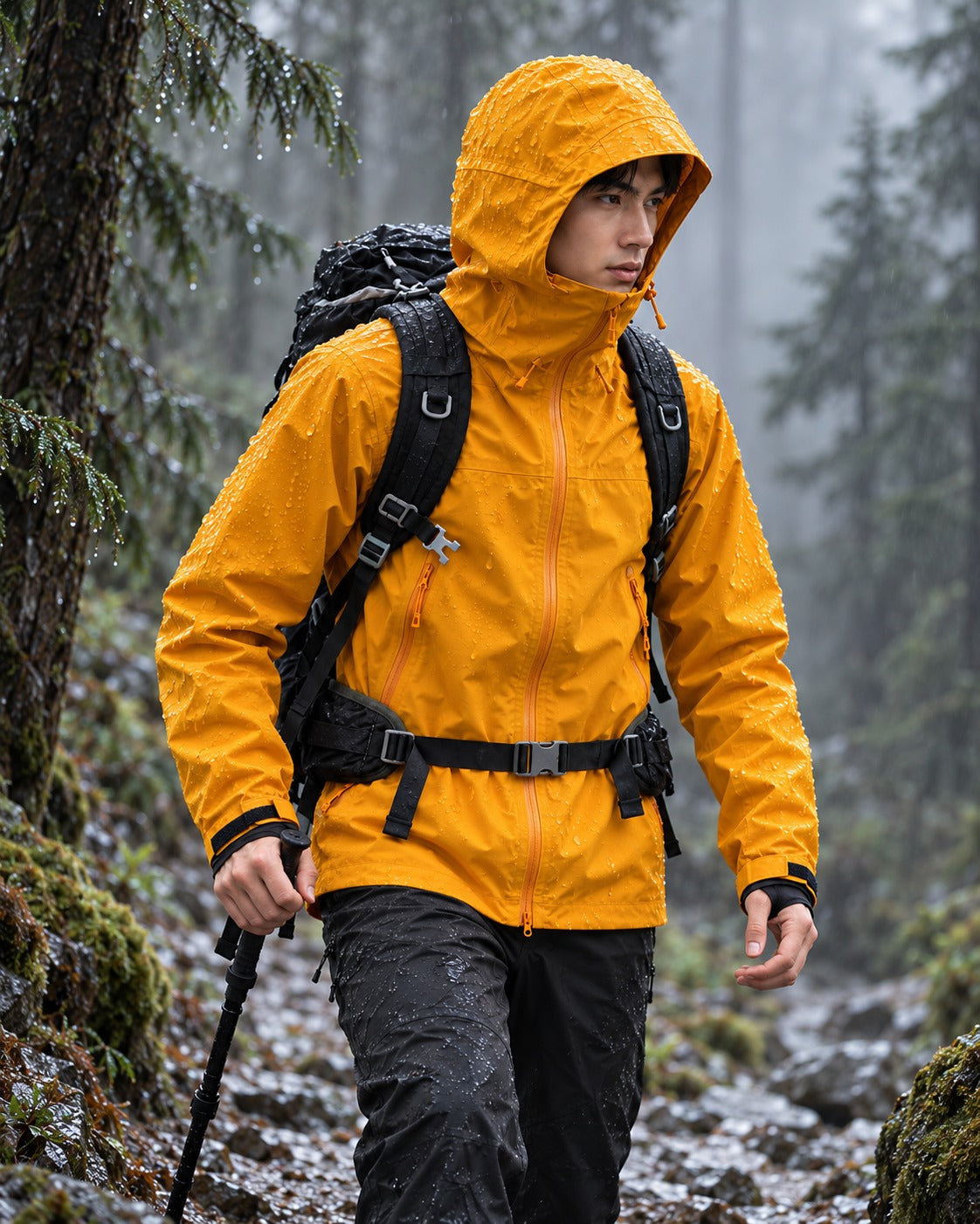 Sunny Orange | CAMEL membrane jacket hiking in a rainy forest